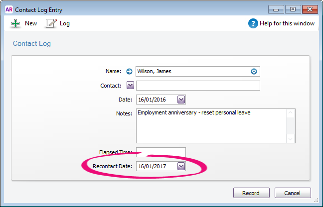 Example contact log with recontact date highlighted