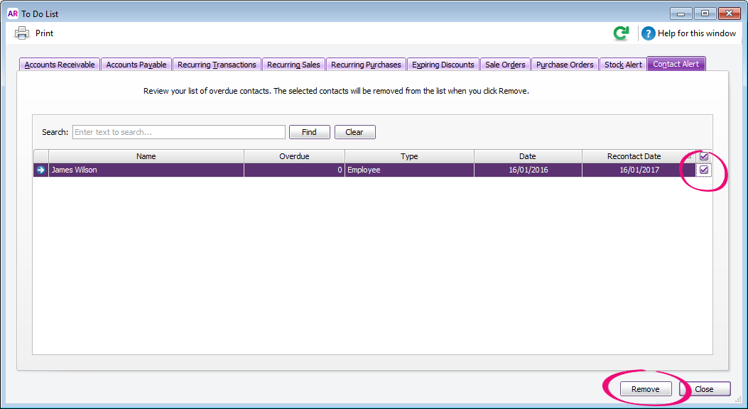 To do list window with contact log selected and remove button highlighted To do list window with contact log selected and remove button highlighted