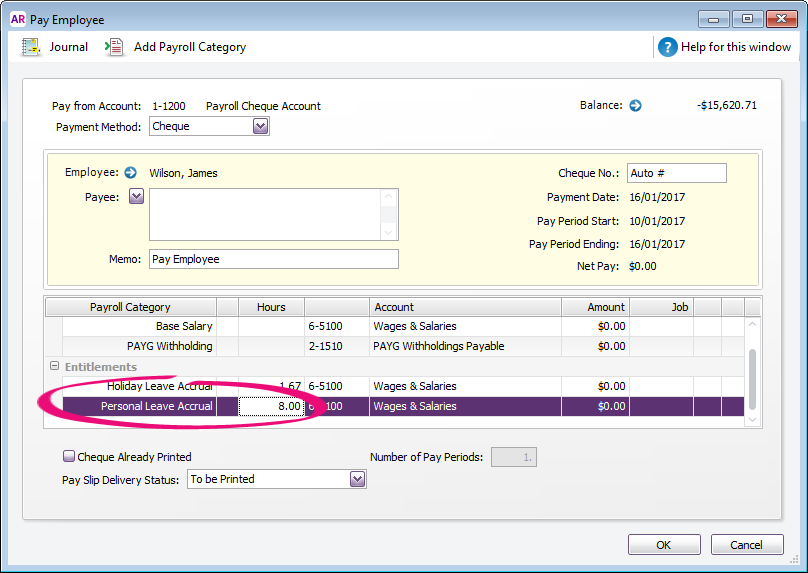 Example pay with 8 hours entered into personal leave accrual