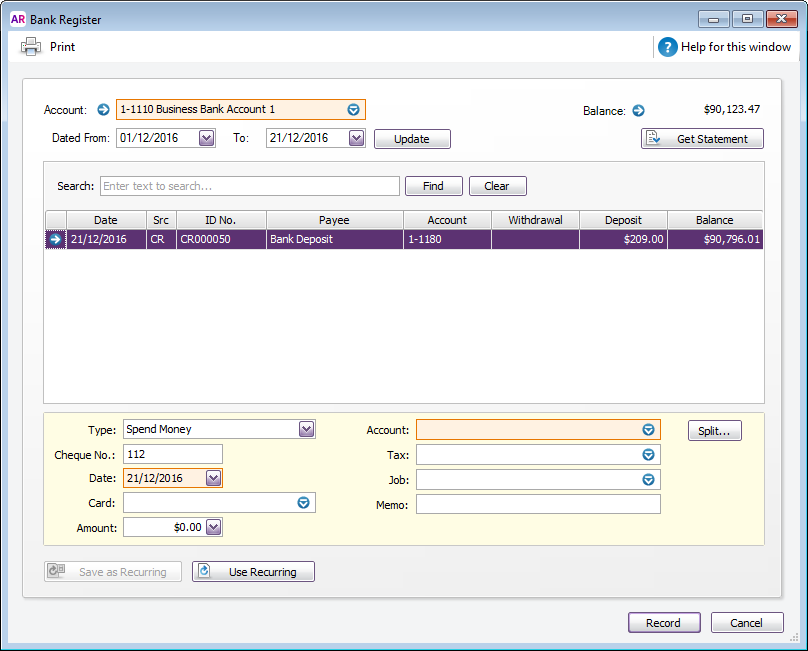 Bank register showing single bank deposit