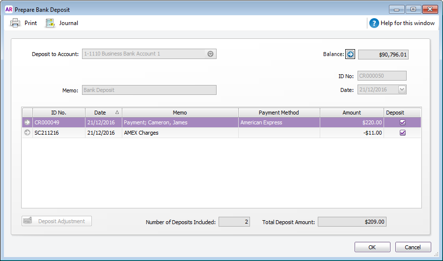 Prepare bank deposit window containing 2 transactions