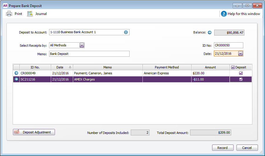Prepare bank deposit window 2 transactions selected