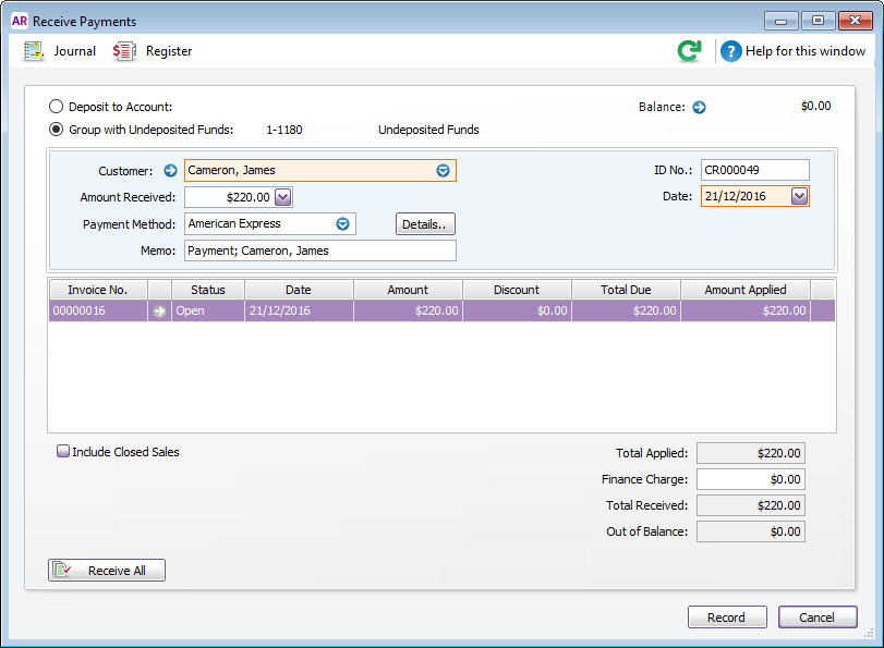 Receive payments window with group with undeposited funds option selected