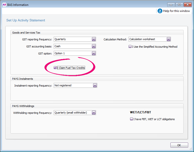 Select the I claim fuel credits option in the BAS Information window