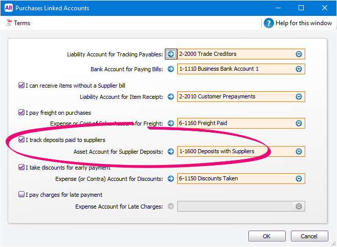 Purchases linked accounts window with supplier deposits account highlighted