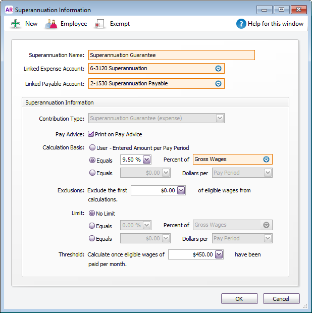 Example super guarantee category setup