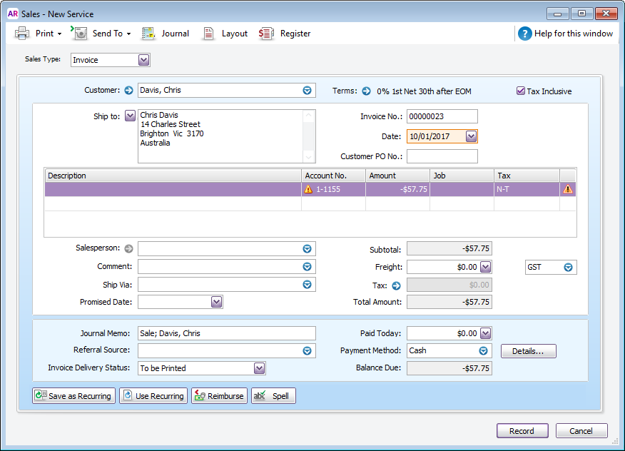 Invoice with negative value for credit amount