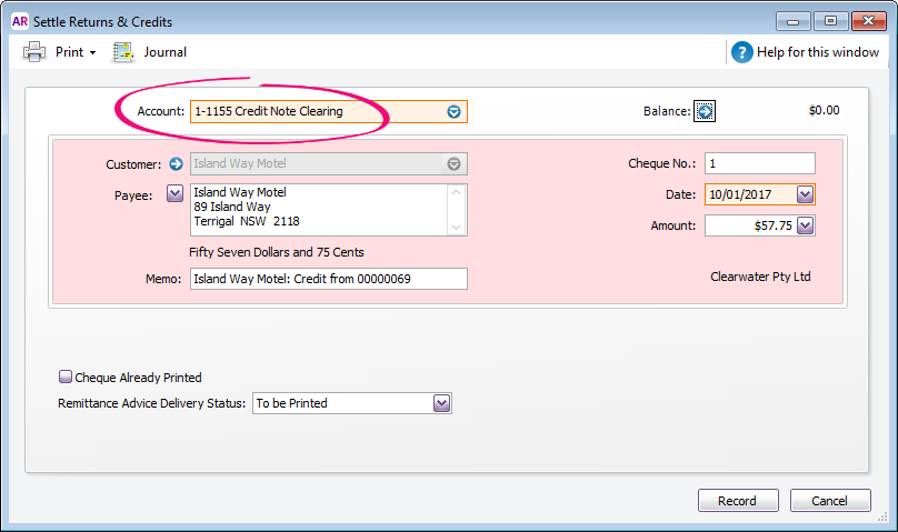 Settle returns and credits window with credit note clearing account selected