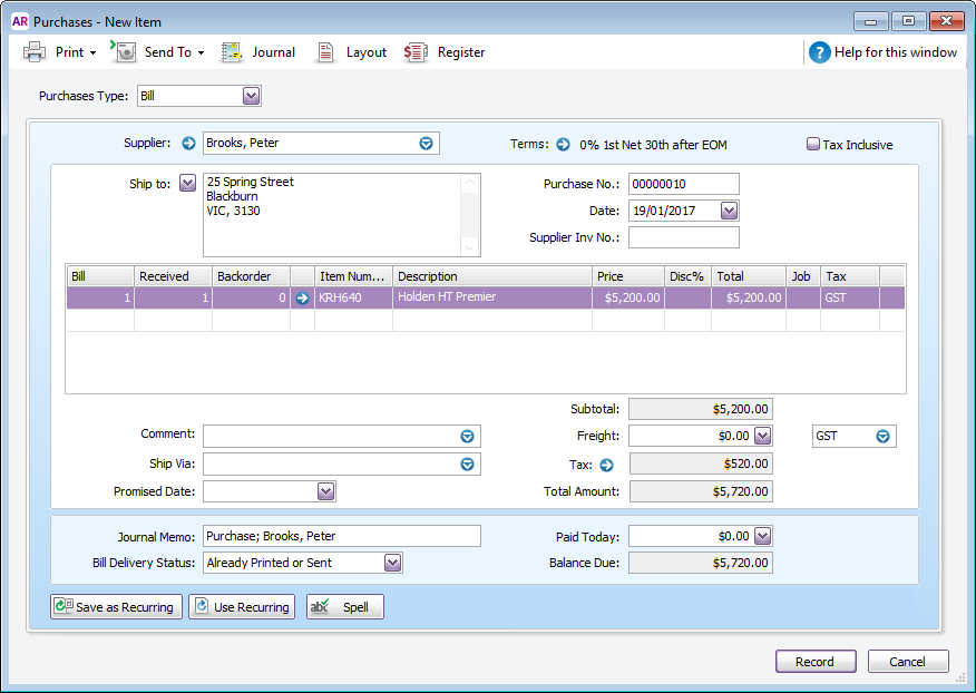 Example purchase for vehicle Example purchase for vehicle