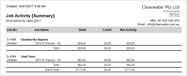 Example report showing job value Example report showing job value