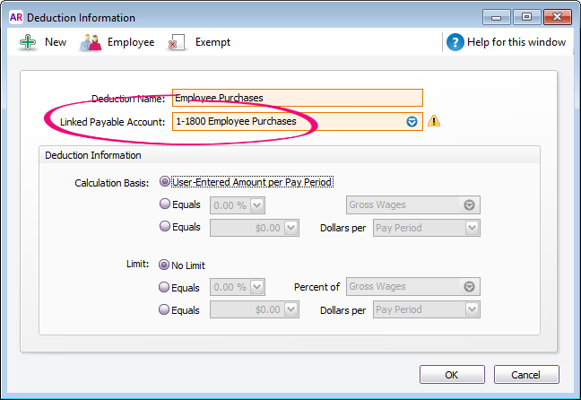 Example deduction setup with employee purchases account selected