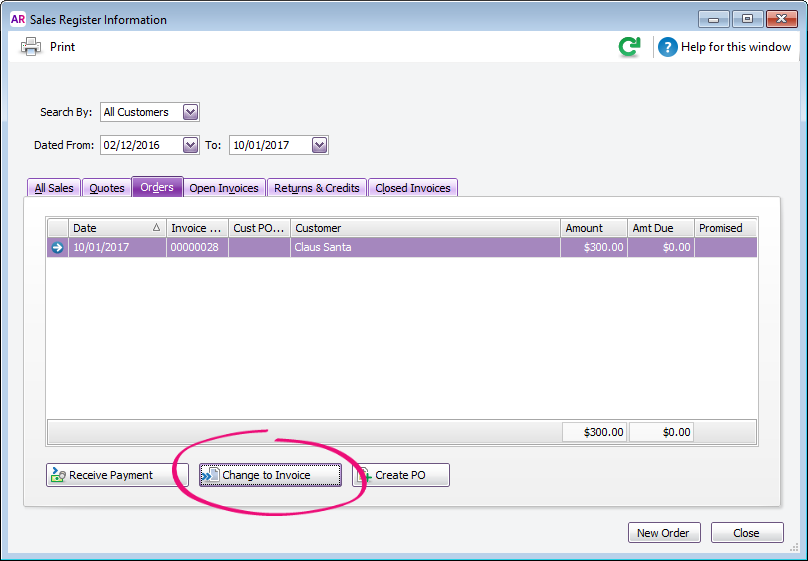 Orders tab of the sales register with change to invoice button highlighted