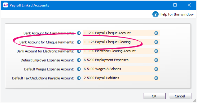 Payrol cheque clearing account selected as bank account for cheque payments
