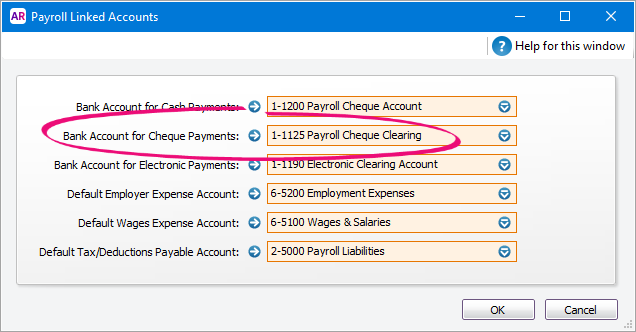 Payrol cheque clearing account selected as bank account for cheque payments Payrol cheque clearing account selected as bank account for cheque payments