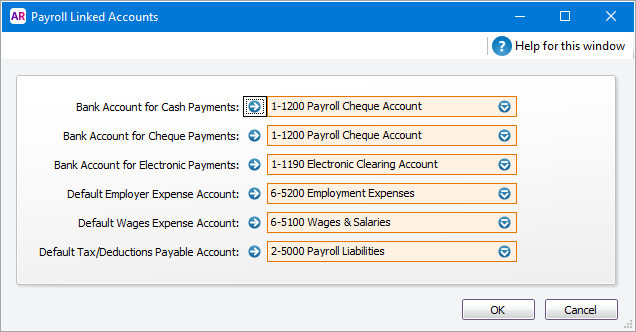 Payroll linked accounts window Payroll linked accounts window