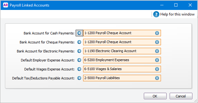 Payroll linked accounts window