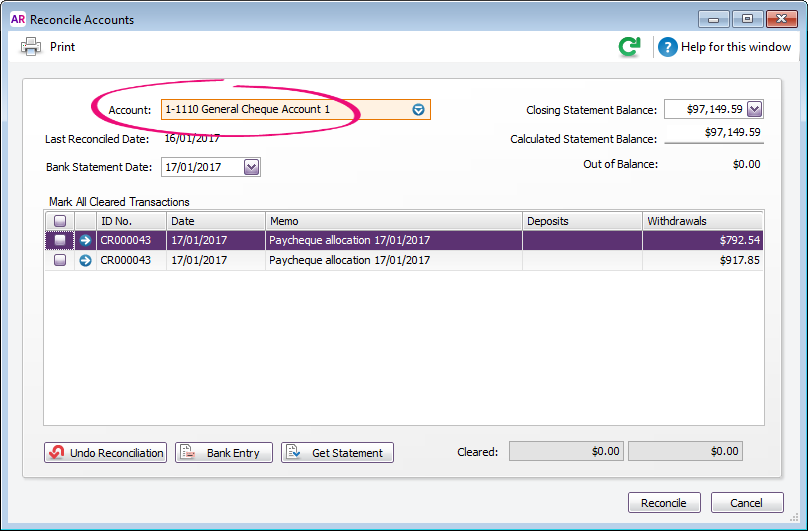 Example reconcile accounts window Example reconcile accounts window