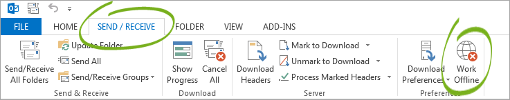 Send/receive tab in Outlook