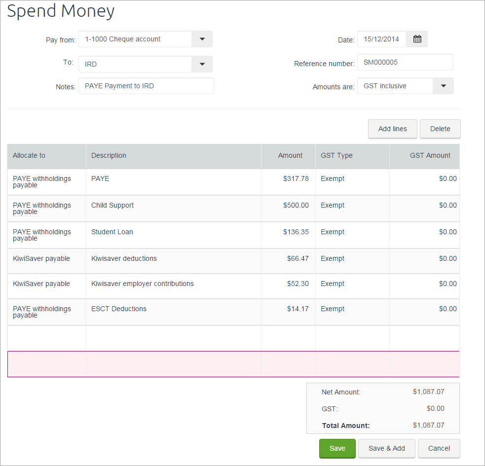Example spend money transaction showing itemised payment to IRD