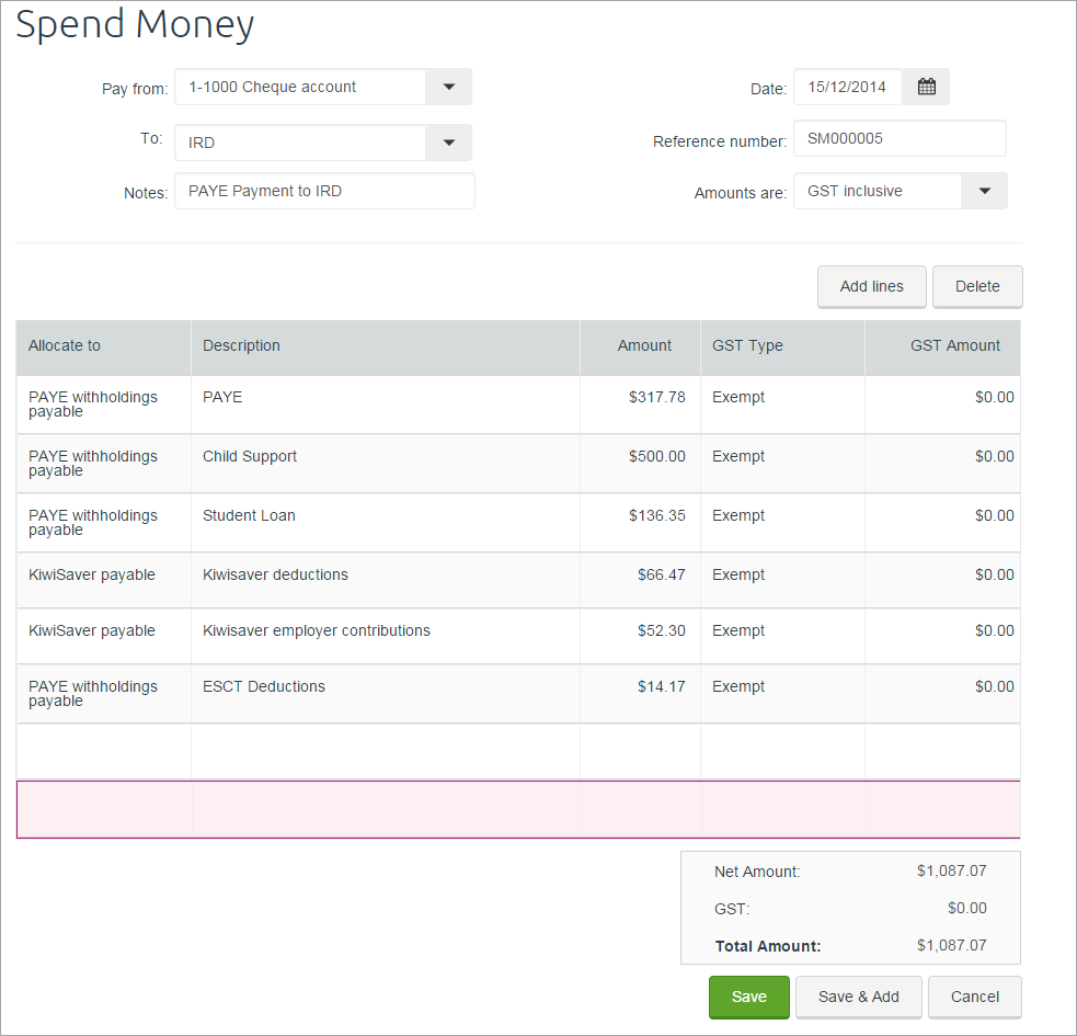 Example spend money transaction showing itemised payment to IRD Example spend money transaction showing itemised payment to IRD