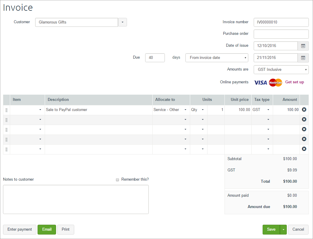 Sample invoice for sale to PayPal customer