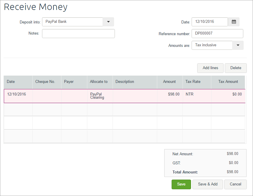 Sample receive money depositing into PayPal bank account