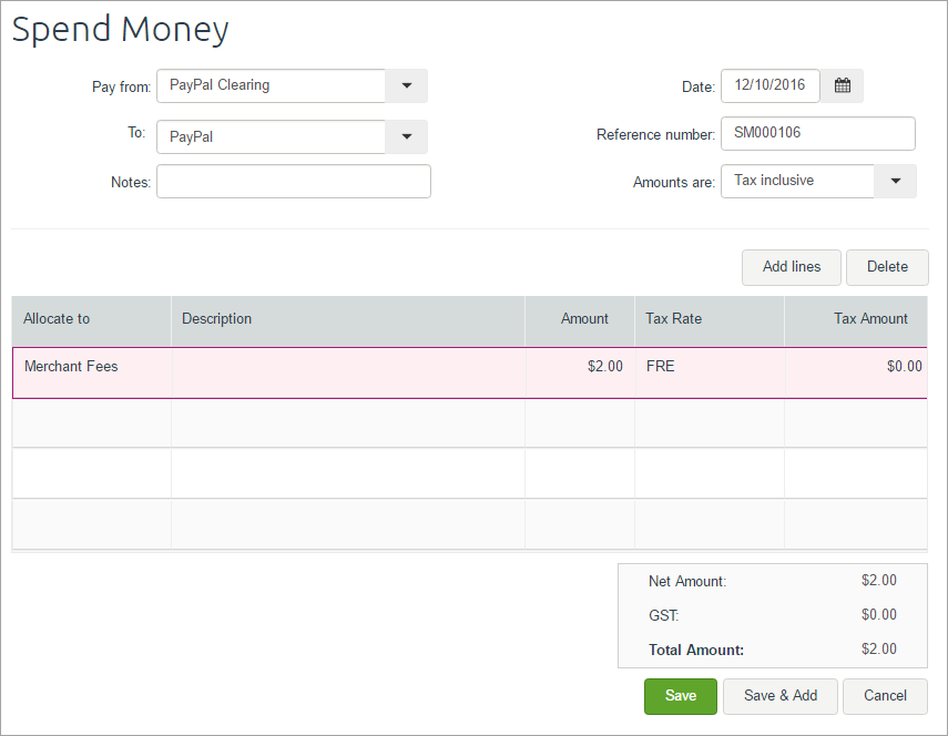 Sample spend money paying from PayPal clearing account