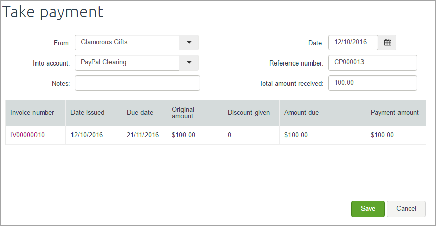 Sample payment into PayPal clearing account