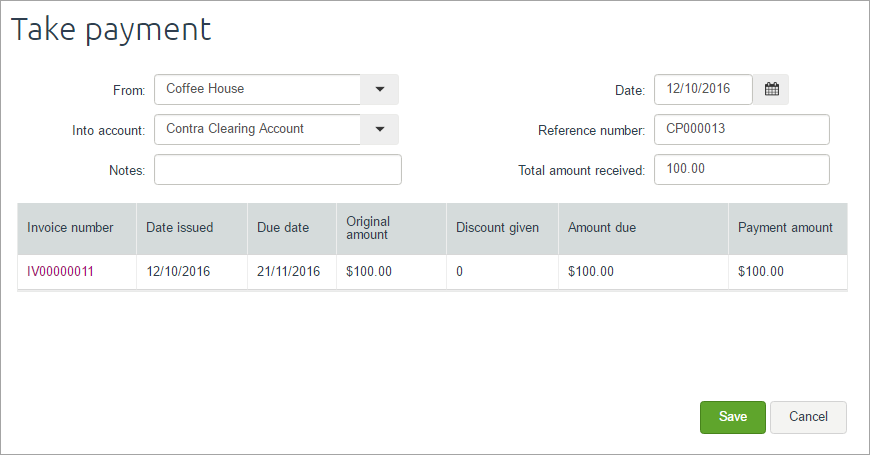 100 dollar invoice payment into contra clearing account