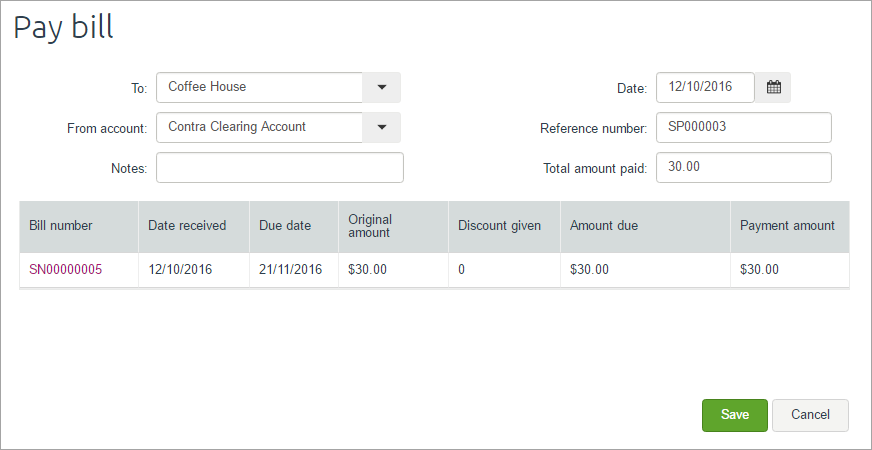 30 dollar bill payment from contra clearing account