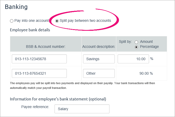 split pay option selected with example bank details entered