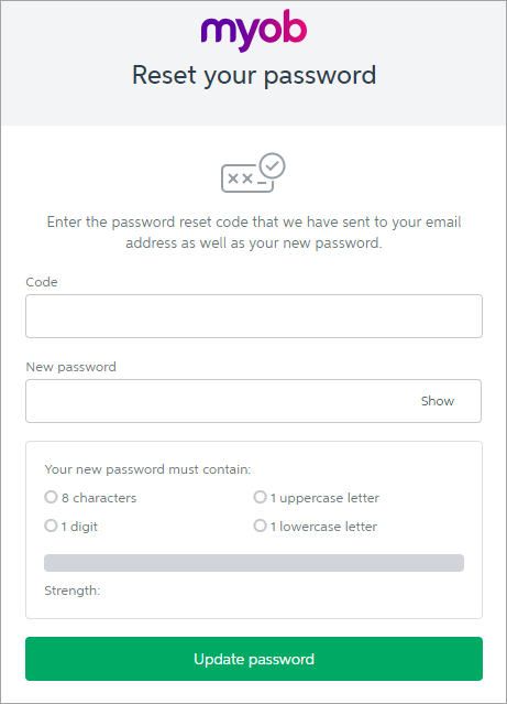 reset your password window with code and new password fields
